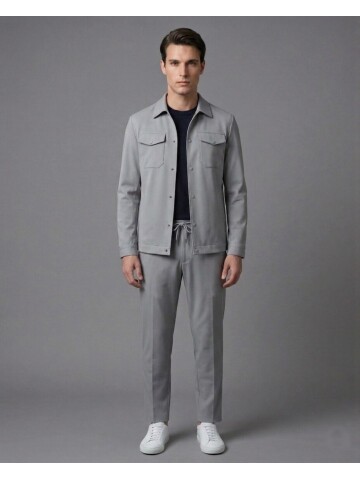 Gri Gömlek Yaka Safari Cep Comfort Fit Spor Takım