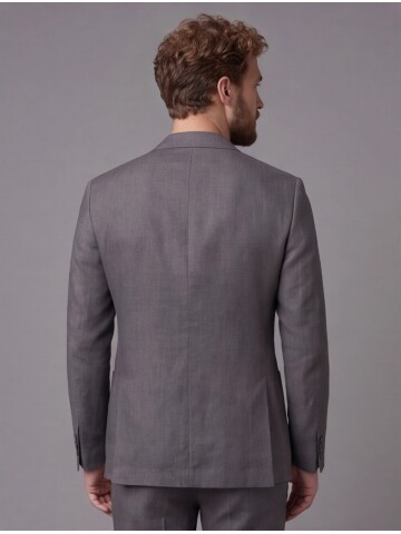 Gri Keten Sivri Yaka Comfort Fit Torba Cep 2 Düğme Takım Elbise