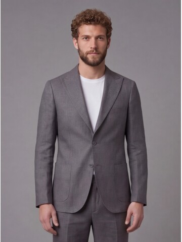 Gri Keten Sivri Yaka Comfort Fit Torba Cep 2 Düğme Takım Elbise