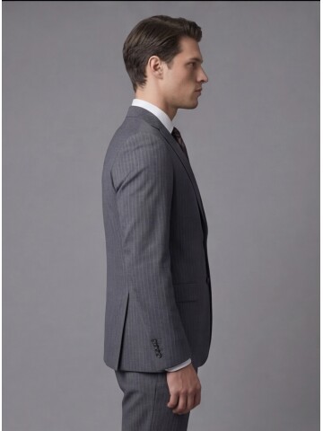 Gri Yünlü Mono Yaka Regular Fit 2 Düğme Takım Elbise