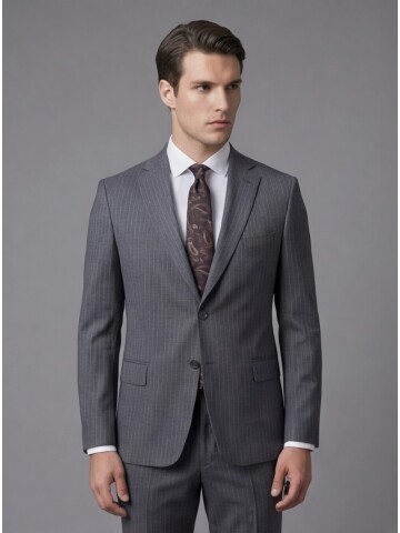 Gri Yünlü Mono Yaka Regular Fit 2 Düğme Takım Elbise