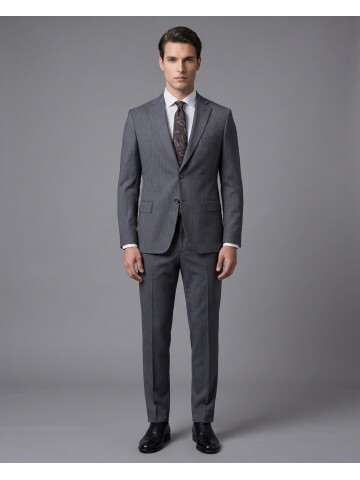 Gri Yünlü Mono Yaka Regular Fit 2 Düğme Takım Elbise