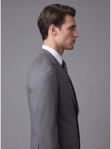 Gri Yünlü Sivri Yaka Comfort Fit Takım Elbise