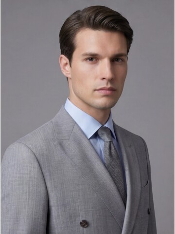 Gri Yünlü Sivri Yaka Kruvaze Regular Fit 6 Düğme Takım Elbise