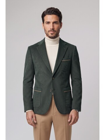 Khaki Velvet Notch Lapel Slim Fit Jacket