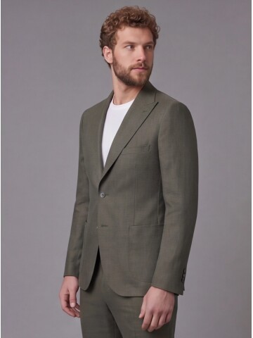 Haki Keten Sivri Yaka Comfort Fit Torba Cep 2 Düğme Takım Elbise