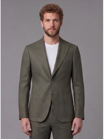 Haki Keten Sivri Yaka Comfort Fit Torba Cep 2 Düğme Takım Elbise