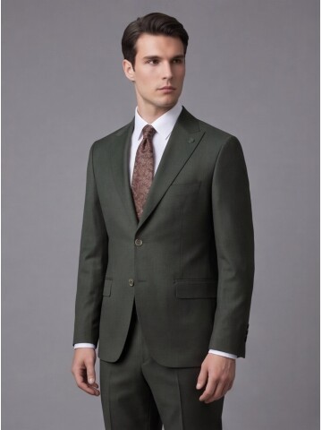 Haki Sivri Yaka İki Düğmeli Slim Fit Takım Elbise