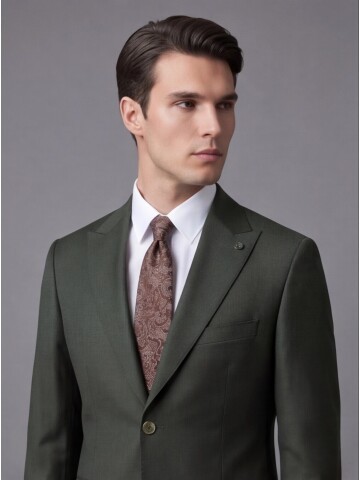 Haki Sivri Yaka İki Düğmeli Slim Fit Takım Elbise