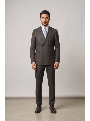 Brown Striped Peak Lapel Double Breasted 6 Button Comfort Fit Suit