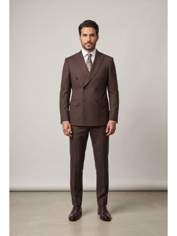 Brown Pinstripe Peak Lapel Double Breasted Suit
