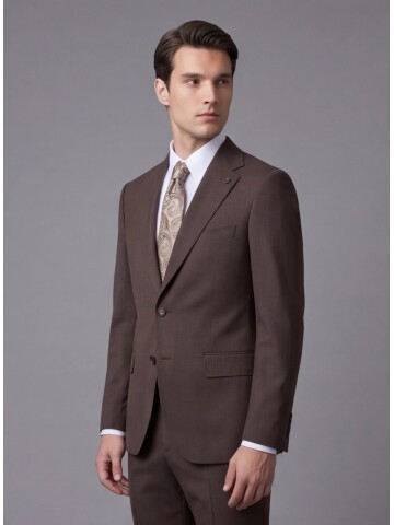 Kahverengi Mono Yaka İki Düğmeli Slim Fit Takım Elbise