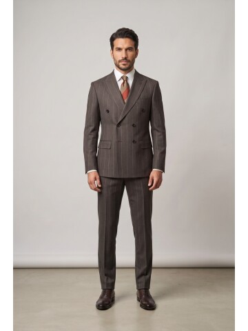 Brown Peak Lapel Double Breasted 6 Button Comfort Fit Suit