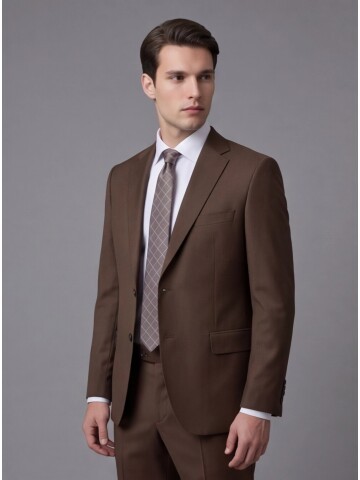 Kahverengi Yünlü Mono Yaka Regular Fit 2 Düğme Takım Elbise