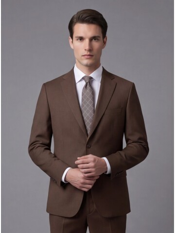 Kahverengi Yünlü Mono Yaka Regular Fit 2 Düğme Takım Elbise