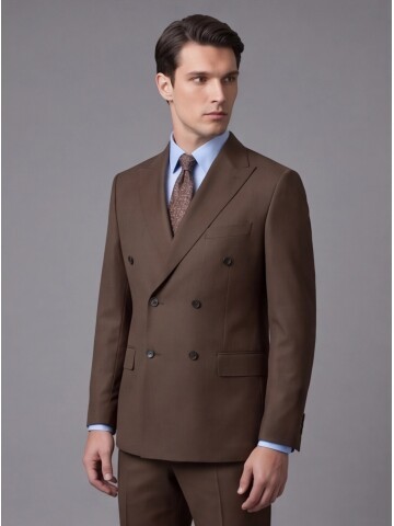 Kahverengi Yünlü Sivri Yaka Kruvaze Regular Fit 6 Düğme Takım Elbise