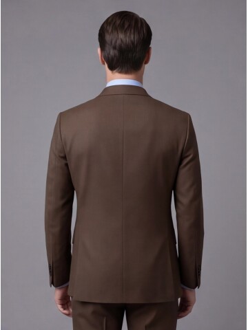 Kahverengi Yünlü Sivri Yaka Kruvaze Regular Fit 6 Düğme Takım Elbise