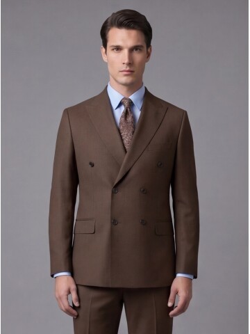 Kahverengi Yünlü Sivri Yaka Kruvaze Regular Fit 6 Düğme Takım Elbise