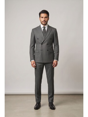 Dark Grey Striped Peak Lapel Double Breasted 6 Button Comfort Fit Suit