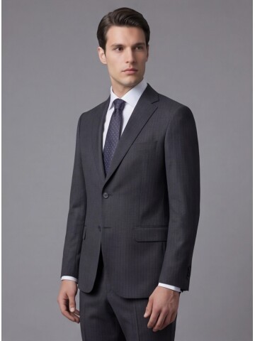 Koyu Gri Çizgili Yünlü Mono Yaka Regular Fit 2 Düğme Takım Elbise