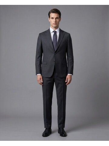 Koyu Gri Çizgili Yünlü Mono Yaka Regular Fit 2 Düğme Takım Elbise