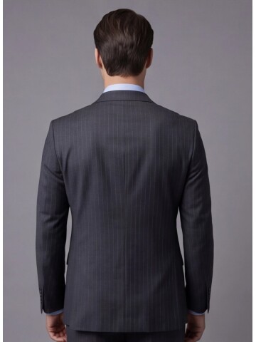 Koyu Gri Çizgili Yünlü Sivri Yaka Regular Fit Takım Elbise