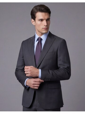 Koyu Gri Çizgili Yünlü Sivri Yaka Regular Fit Takım Elbise