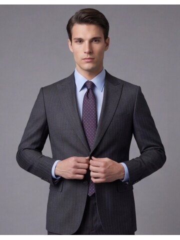 Koyu Gri Çizgili Yünlü Sivri Yaka Regular Fit Takım Elbise