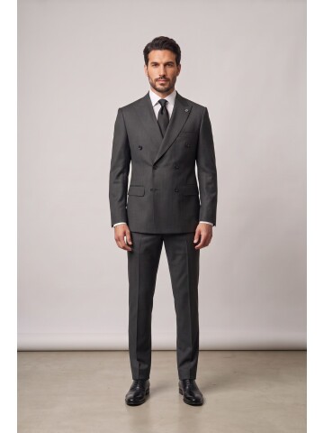 Dark Grey Peak Lapel Pinstripe Double Breasted Suit