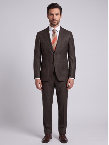 Dark Brown Striped Comfort Fit Peak Lapel Suit