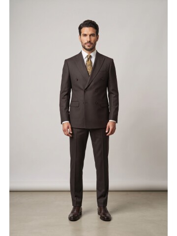 Dark Brown Striped Peak Lapel Double Breasted 6 Button Comfort Fit Suit