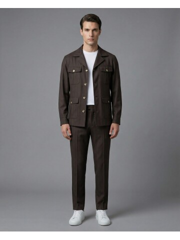 Koyu Kahverengi Comfort Fit Safari Spor Takım Elbise