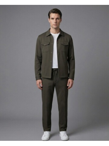 Koyu Kahverengi Gömlek Yaka Safari Cep Comfort Fit Spor Takım