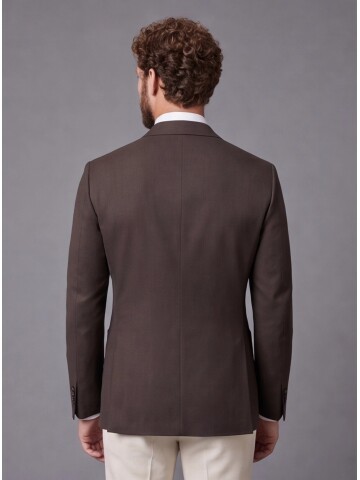 Koyu Kahverengi Kruvaze Ceket Bej Pantolon Kombinli Slim Fit Takım Elbise