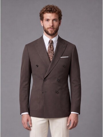Koyu Kahverengi Kruvaze Ceket Bej Pantolon Kombinli Slim Fit Takım Elbise