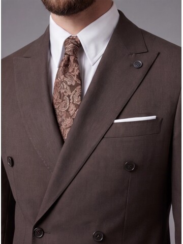 Koyu Kahverengi Kruvaze Ceket Bej Pantolon Kombinli Slim Fit Takım Elbise