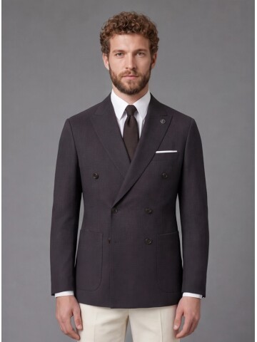Koyu Kahverengi Kruvaze Ceket Bej Pantolon Kombinli Slim Fit Takım Elbise