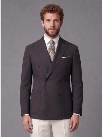 Koyu Kahverengi Kruvaze Ceket Bej Pantolon Kombinli Slim Fit Takım Elbise