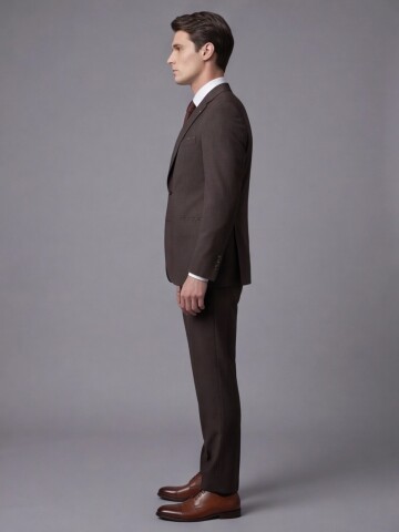 Koyu Kahverengi Mono Yaka Çift Düğmeli Takım Elbise