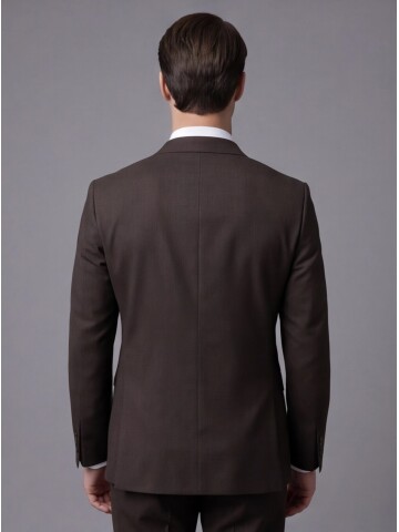 Koyu Kahverengi Mono Yaka Çift Düğmeli Takım Elbise