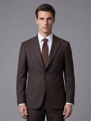 Koyu Kahverengi Mono Yaka Çift Düğmeli Takım Elbise