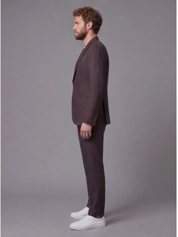 Koyu Kahverengi Mono Yaka Slim Fit Torba Cep 2 Düğme Takım Elbise