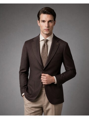 Koyu Kahverengi Mono Yaka Slim Fit Torba Cep Ceket