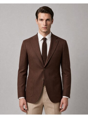 Koyu Kahverengi Mono Yaka Slim Fit Torba Cep Ceket