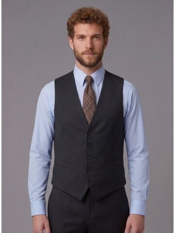 Koyu Kahverengi Sivri Yaka Çift Düğmeli Slim Fit Yelekli Takım Elbise