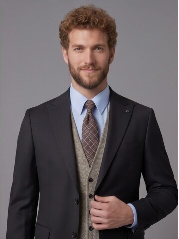 Koyu Kahverengi Sivri Yaka Çift Düğmeli Slim Fit Yelekli Takım Elbise