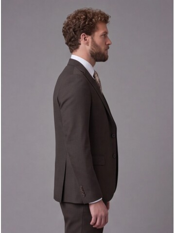 Koyu Kahverengi Sivri Yaka Çift Düğmeli Slim Fit Yelekli Takım Elbise