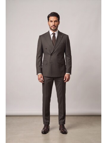 Dark Brown Peak Lapel Pinstripe Double Breasted Suit