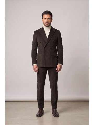 Dark Brown Peak Lapel Velvet Double Breasted Suit