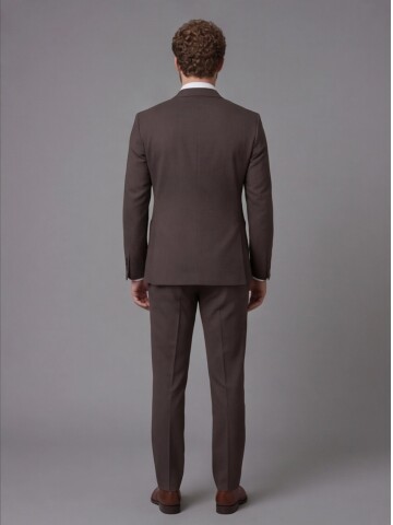 Koyu Kahverengi Sivri Yaka Slim Fit 2 Düğme Torba Cep Takım Elbise